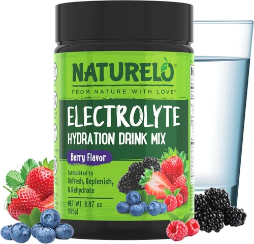 NATURELO Mezcla de electrolitos en polvo, hidratación y bebida mineral, sin azúcar y sabor a bayas sin OMG, 50 porciones