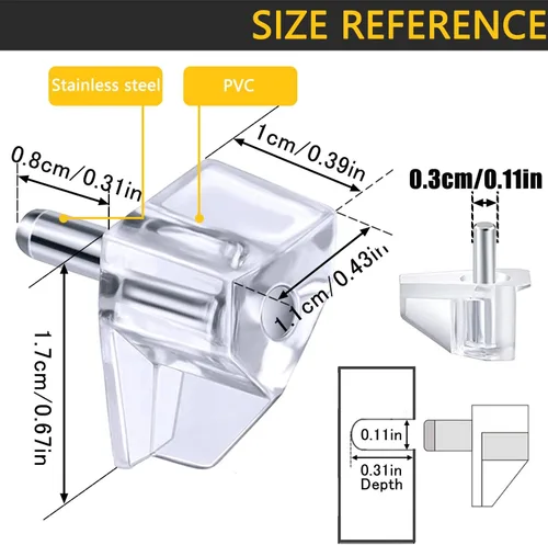 Miniatura 2 de 3 milímetros o 1/8 pulgada Clavijas de soporte para estante, Clavijas de soporte para estante de gabinete, Clavijas de repuesto de plástico Clear 50