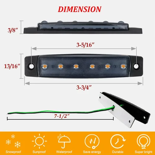 Miniatura 5 de Paquete de 10 Luces Laterales Marcadoras de Remolque DC 12V Verde Ahumado 3.8" 6 LED Barra de Luz de Gálibo Tira de Luz Indicadora de Señal