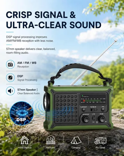 Miniatura 6 de Radio de emergencia meteorológica con energía solar y manivela – AM/FM/NOAA, linterna LED, luz de lectura, carga USB y SOS – Equipo de supervivencia
