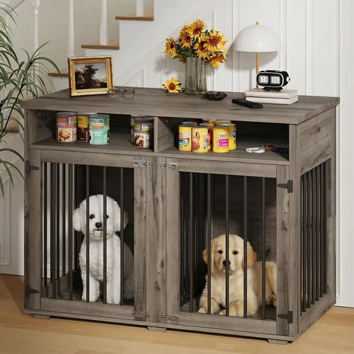 Miniatura 8 de Jaula para perros de 72 pulgadas para 2 perros, jaula de madera para perros con compartimento de almacenamiento, perrera de interior con 4 puertas