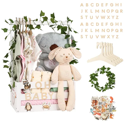 Miniatura 8 de Cesta de regalo para baby shower, caja de madera, letras de madera personalizadas y perchas para ropa recién nacido, regalos para bebés, niñas