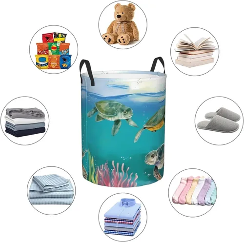 Miniatura 6 de Cesta circular con estampado de tortugas marinas y peces impermeable, cesta organizadora de lavandería, con asas, para ropa, juguetes, pequeña