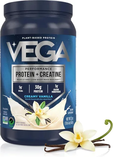 Vega Protein + Creatina - 30g de proteína a base de plantas, sabor a vainilla, 13 porciones, 3g de creatina, 5g de BCAA, vegano, keto, sin gluten,