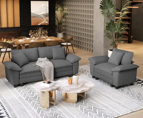 Miniatura 31 de SUNSHINE VALLEY - Juego de 2 sofás para sala de estar, sofá modular de chenilla y silla en forma de nube con apoyabrazos más anchos y cojín, sofá