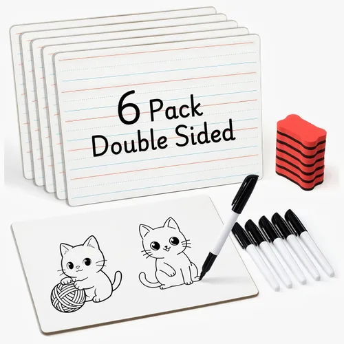 GAMENOTE Paquete de 6 pizarras pequeñas de borrado en seco para niños, 9 x 12 pulgadas, de doble cara y pizarras blancas en blanco con marcadores y