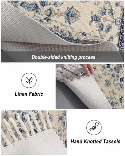 Miniatura 6 de Tassel Hand Woven Area Rug Retro Bohemia Navy Blue Pattern Entryway Rugs Washable Throw Mat,Tassel Carpets for Livingroom Kitchen Bedroom Dorm Decor