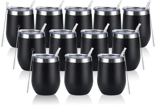 Miniatura 14 de Paquete de 12 vasos de vino de acero inoxidable, 12 onzas, doble pared, aislados al vacío, con tapas y pajitas, copas de vino sin tallo de acero Oro