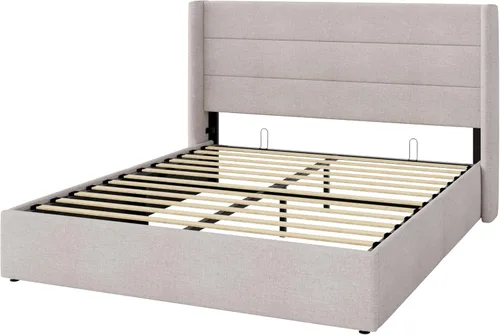 Miniatura 9 de SHA CERLIN - Cama de tamaño completo con almacenamiento elevado/Cabecero abatible moderno/Base de cama tapizada con plataforma/Almacenamiento Beige