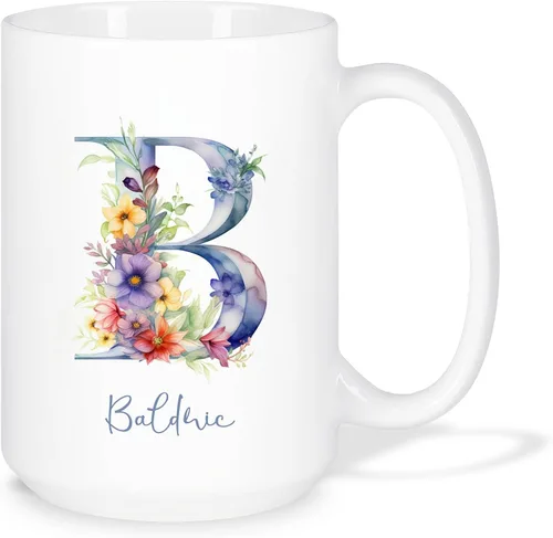 Miniatura 25 de Taza de café personalizada de la letra A del alfabeto, Taza de café blanca con nombre personalizado único, Taza inicial de monograma floral