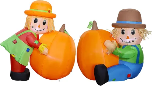 Miniatura 8 de Lulu Home Decoración inflable de otoño de 3.3 pies, juego de 2 espantapájaros soplados con aire para parejas con luces LED integradas para cosecha