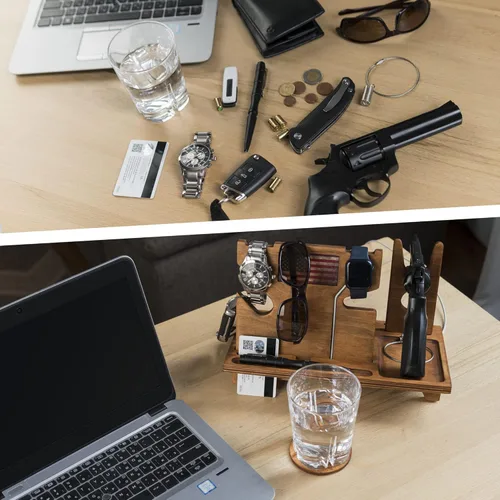 Miniatura 6 de Mesita de noche - Organizador de bandeja de pistola - Soporte para pistola de madera con cargador de reloj - Ideal para agentes de policía - Regalos