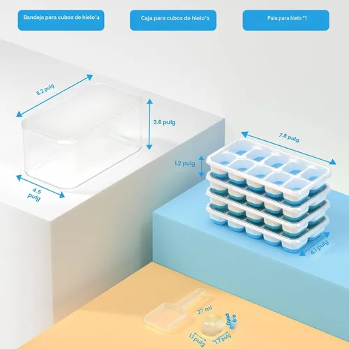 Miniatura 6 de DOQAUS Bandeja para cubitos de hielo con tapa y contenedor - Paquete de 4 bandejas de cubitos de hielo de silicona para congelador, kits de cubeta