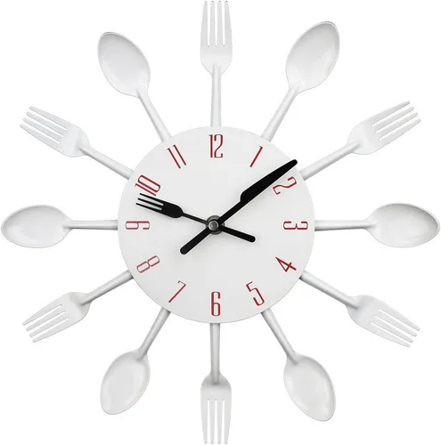 Timelike Reloj de pared de cocina, 3D extraíble, moderno, creativo, cubiertos, cuchara, tenedor, reloj de pared, espejo, calcomanía de pared, Blanco