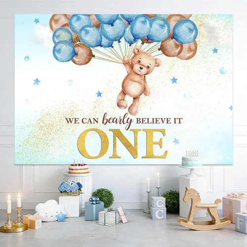 Miniatura 4 de MEHOFOND We Can Bearly Believe It One - Fondo para decoración de primer cumpleaños para niño, globo de oso azul, pancarta de primer cumpleaños