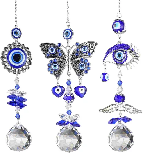Colgante de cristal azul con dije de ojo malvado, mariposa, ángel, girasol, talismán, atrapa el sol, hecho a mano, dije de buena suerte, oficina,
