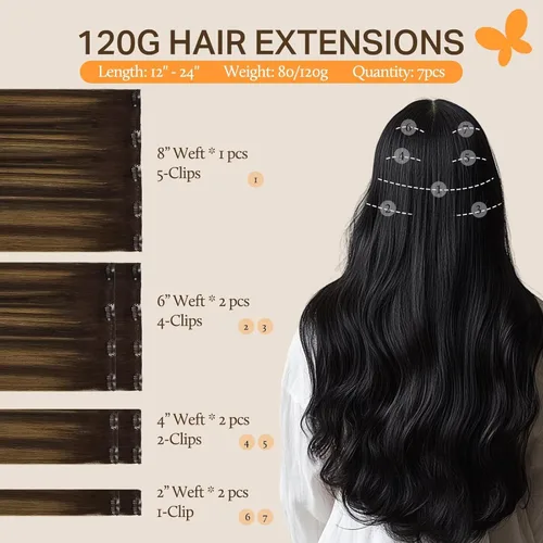 Miniatura 2 de DOORES - Extensiones de cabello humano real, liso, natural con clip, color balayage marrón oscuro a castaño, 12 pulgadas, 7 unidades, 2.82 onzas