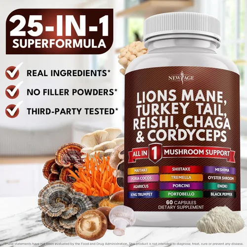 Miniatura 7 de NEW AGE Suplemento de hongo de melena de león con cola de pavo Reishi Cordyceps Chaga con raíz de malvavisco, 180