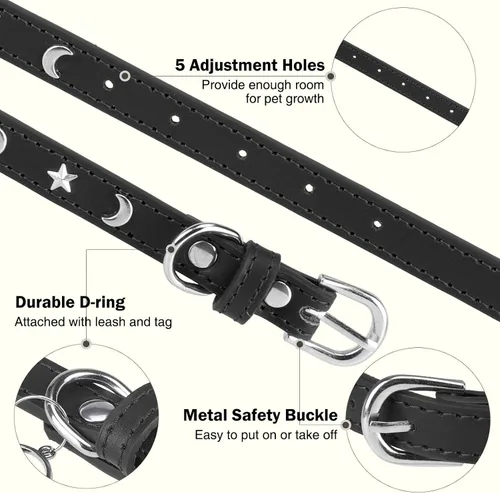 Miniatura 3 de Collar de cuero para perros pequeños, collar suave y ajustable con remaches de estrella y luna para perros machos y hembras, collares para cachorros