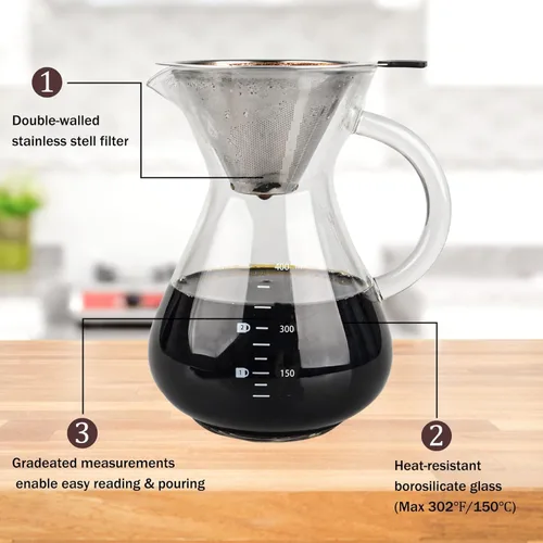 Miniatura 3 de T-mark Cafetera vertida con filtro reutilizable de acero inoxidable de doble capa, jarra de café de vidrio sin BPA de 13.5 fl oz/14oz, cafetera
