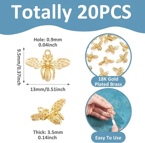 Miniatura 4 de FASHEWELRY 20 dijes de abejas de latón chapados en oro de 18 quilates, dijes de abeja dorados, dijes de joyería rellenos de oro con anillo de salto