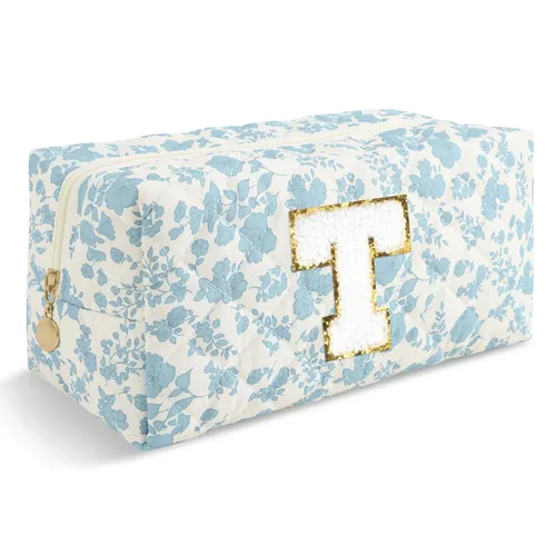 Miniatura 406 de Pequeña bolsa de maquillaje personalizada con inicial A-Z Preppy Patch, bolsa de cosméticos de viaje de felpilla blanca con cremallera, bonita bolsa