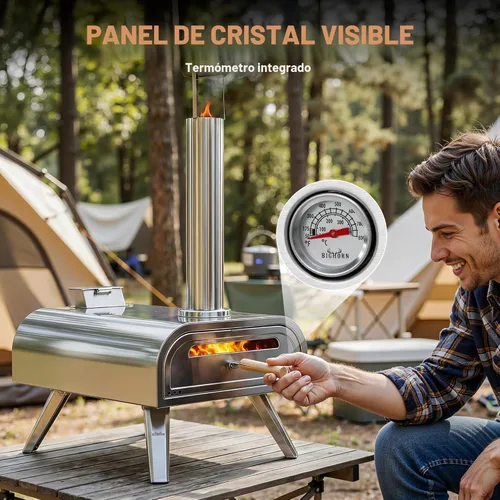 Miniatura 6 de BIG HORN OUTDOORS 16" Horno de piedra para pizza con leña, cocinador de pizza al aire libre de acero inoxidable 1112°F, portátil