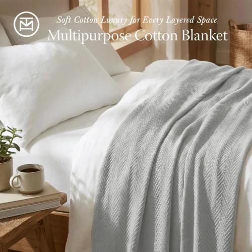 Miniatura 2 de Threadmill Home - Manta de lino de tamaño King, 100% algodón, color blanco, con diseño espiga., Algodón, Plateado, gemelo Gris claro