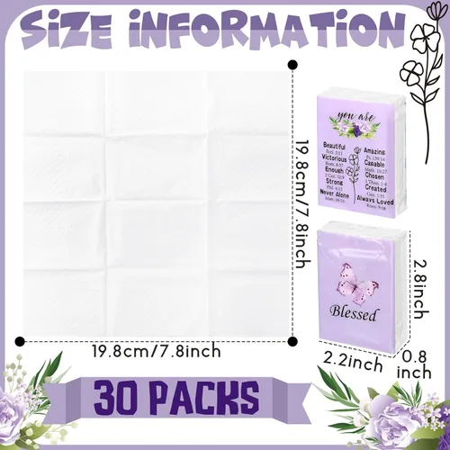 Miniatura 3 de Harloon Paquete de 30 pañuelos faciales cristianos de bolsillo de mariposa morada, pañuelos de viaje individuales de 3 capas para boda, viajes