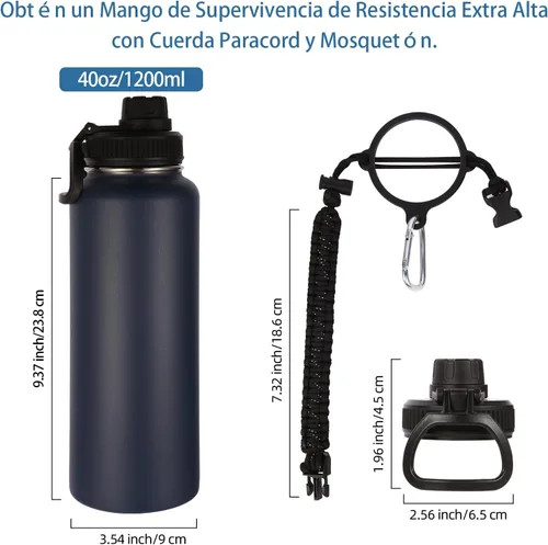 Miniatura 2 de Volhoply Botellas de agua aisladas en paquete de 8, botellas deportivas de acero inoxidable de 40 onzas con asa de paracord y tapa con boquilla