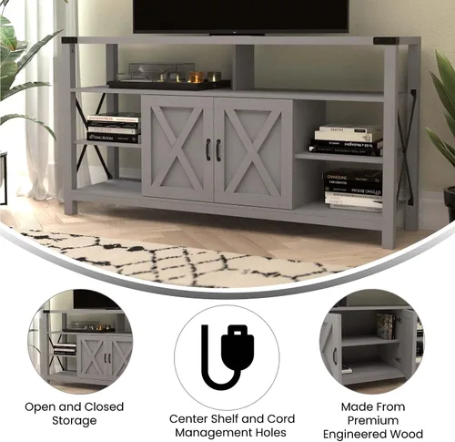 Miniatura 5 de Flash Furniture Wyatt - Mueble de TV alto y moderno de 60 pulgadas, gabinete de consola gris costero, estante central ajustable, estantes fijos