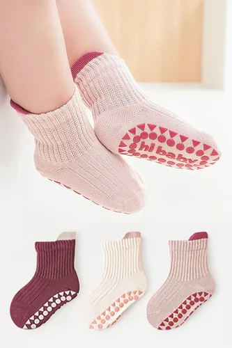 Miniatura 4 de 3 pares de calcetines unisex de algodón para bebé, con agarre de silicona antideslizante, sin costuras, para bebés, niños y niñas