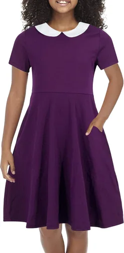 GORLYA - Vestido de manga corta para niña, informal, vintage, con cuello de Peter Pan y flare Skater, con bolsillos de 4 a 12 años