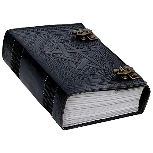 Miniatura 2 de QualityArt 10" Fat Leather Journal Large 600 Pages Black Pentacle Grimoire Book of Shadow Leather Notebook Journal Blank Handmade Book Sketchbook