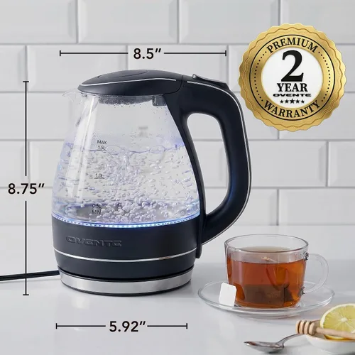 Miniatura 6 de OVENTE Hervidor eléctrico de 1.5L, calentador de agua de vidrio de borosilicato para encimera y hervidor para café o té, libre de BPA, apagado Negro