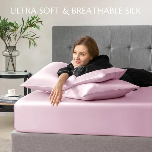 Miniatura 26 de THXSILK Juego de sábanas bajeras de 100% seda de morera, 3 piezas de seda 7A+, transpirable, suave, sábana bajera de 16 pulgadas de profundidad, 2