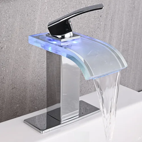 Miniatura 7 de AVSIILE Grifo de lavabo de baño LED, cascada de níquel cepillado, mango de un solo agujero, 1 agujero con drenaje desplegable de metal y 2 líneas