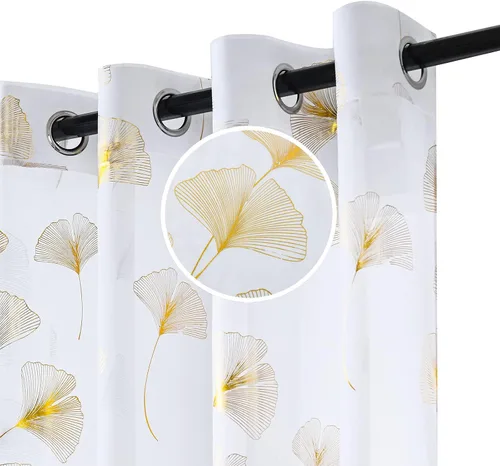 Miniatura 3 de Youleyar - 2 paneles de cortinas de gasa con estampado de lámina dorada, con ojales en la parte superior, para ventana, de 63 pulgadas de largo