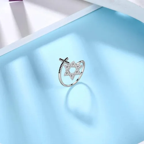 Miniatura 11 de Jewmon Anillo ajustable de estrella de David judía para mujer, plata de ley 925, circonita cúbica, estrella de David, anillo judío abierto, amuleto