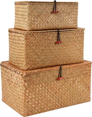 Miniatura 13 de Moosky Cestas de mimbre con tapa, cesta tejida a mano de pastos marinos para cestas de almacenamiento, cajas de regalo rectangulares para el hogar