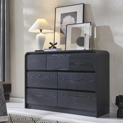 Miniatura 10 de Aitjunz Cómoda moderna de 5 cajones para dormitorio, 114 cm de altura con diseño de perfil curvo, cómoda vertical de madera estilo mediados de siglo