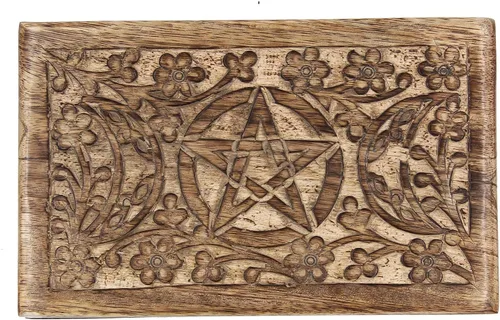 Miniatura 6 de DharmaObjects Caja de almacenamiento de madera tallada a mano para joyería (Triple Moon, grande)