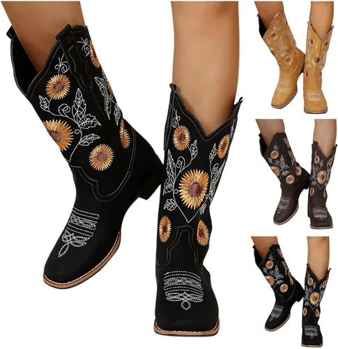 Miniatura 3 de HINDOLA Botas vaqueras para mujer, botas vaqueras de media pantorrilla, botas occidentales con bordado de girasol, punta cuadrada, tacón bajo, botas