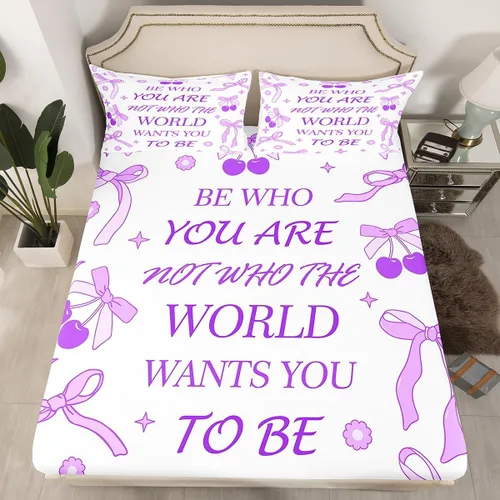 Miniatura 23 de Sábana bajera con lazo azul tamaño individual, juego de ropa de cama de princesa con cerezas, estrellas y flores margaritas de dibujos animados