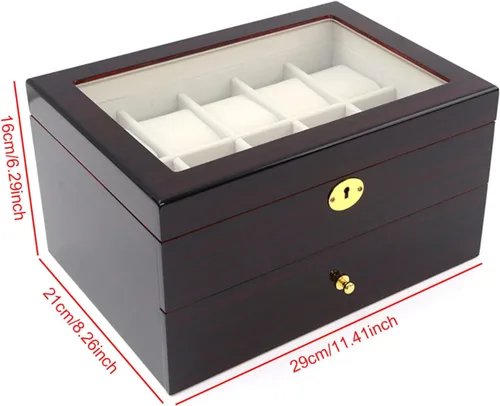 Miniatura 8 de LOYALHEARTDY Caja de reloj de madera de 20 ranuras, joyería y reloj de exhibición Oraorganization de 2 capas soporte de reloj de madera