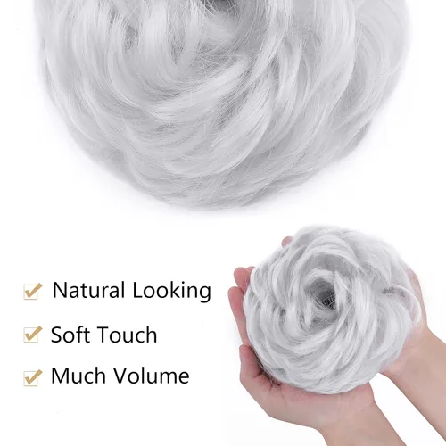 Miniatura 3 de Benehair Moño desordenado, pieza de pelo recogido para mujer, esponjoso, ondulado, moño con dona, moño sintético con banda elástica de goma
