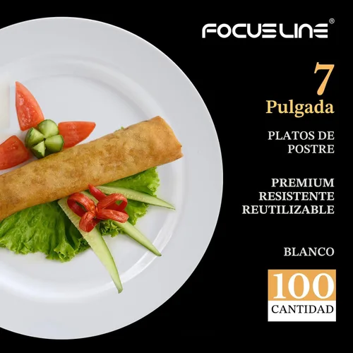 Miniatura 2 de FOCUSLINE 100 platos blancos de plástico desechables para postre de 7 pulgadas, platos de plástico resistentes desechables para bodas, fiestas