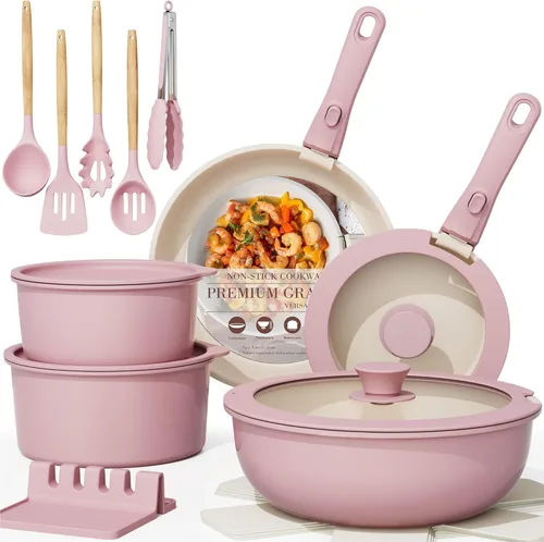 Astercook Juego de 21 ollas y sartenes antiadherentes, juego de utensilios de cocina de cerámica, mango desmontable, juego de cocina de Rosa
