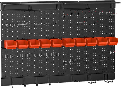 Ultrawall Organizador de pared de tablero perforado negro, 48 x 36 pulgadas para almacenamiento de garaje con ganchos, cubos de almacenamiento,