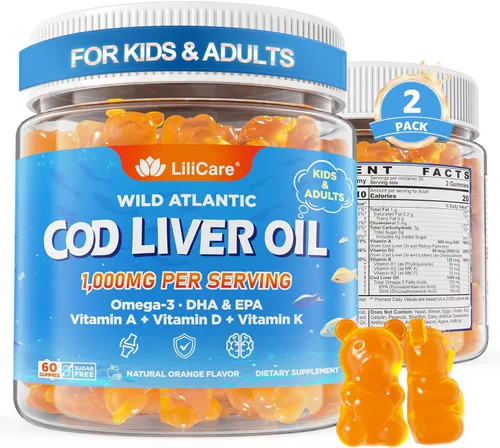 Gomitas de aceite de hígado de bacalao de 1000 mg para niños y adultos, con Omega 3 (EPA y DHA), vitaminas A, D3 y K2, aceite de hígado de bacalao